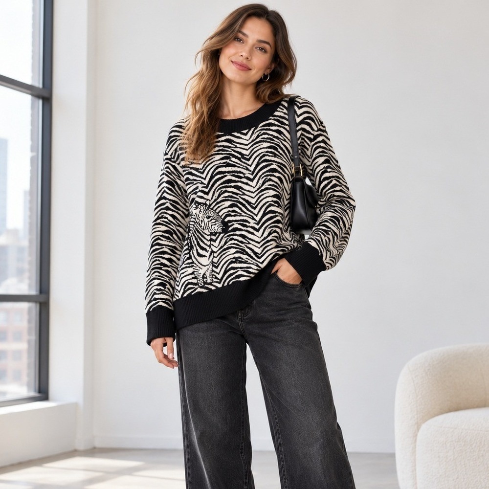 Banana Republic Crew Neck Sweater XL Black White Zebra Print Cotton Blend